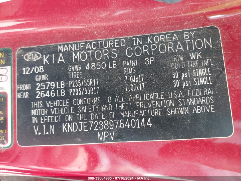 2009 Kia Sportage Lx V6 VIN: KNDJE723897640144 Lot: 39884965