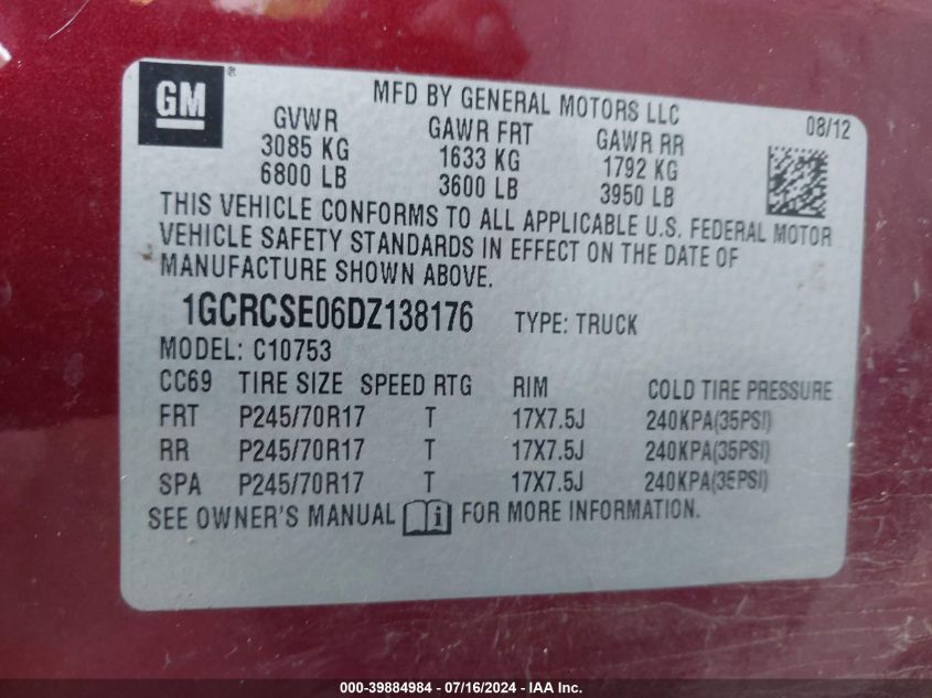 1GCRCSE06DZ138176 2013 Chevrolet Silverado 1500 Lt