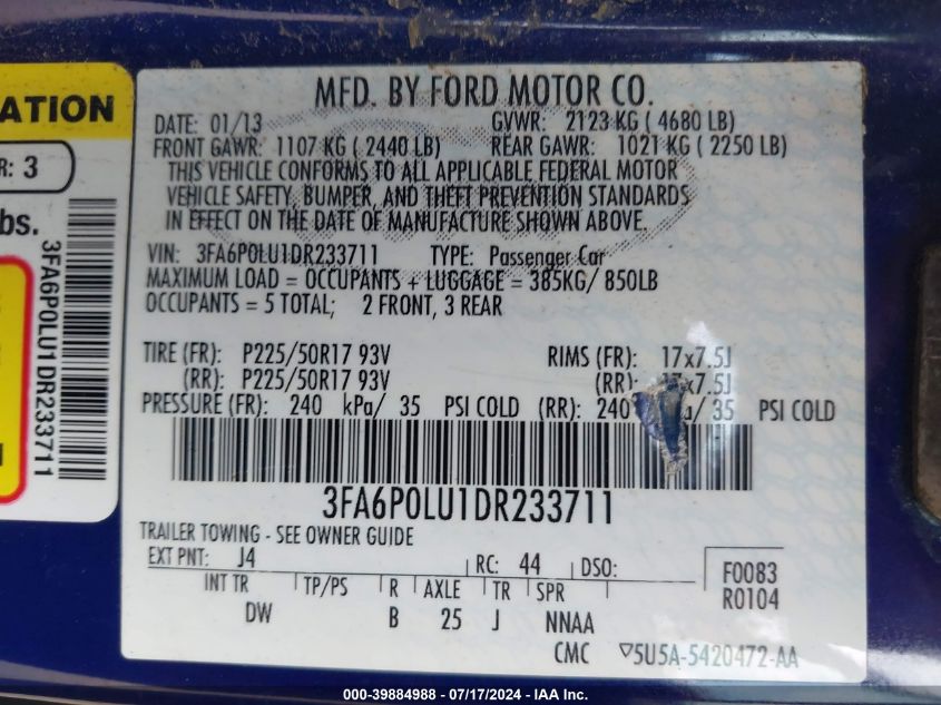 2013 Ford Fusion Hybrid Se VIN: 3FA6P0LU1DR233711 Lot: 39884988