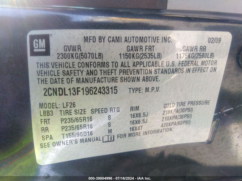 2009 Chevrolet Equinox Ls VIN: 2CNDL13F196243315 Lot: 39884996