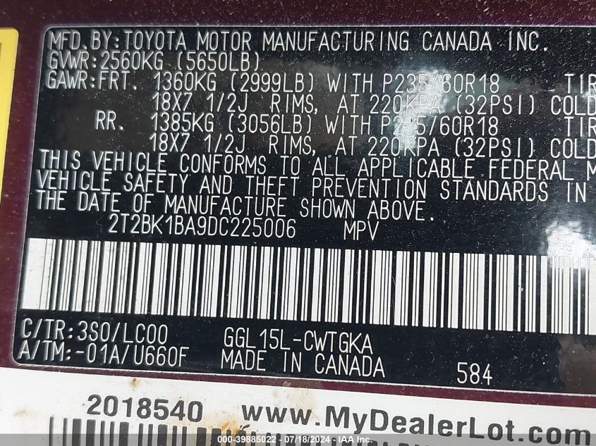 2013 Lexus Rx 350 VIN: 2T2BK1BA9DC225006 Lot: 39885022