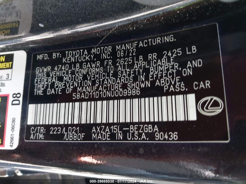 58AD11D10NU009986 2022 Lexus Es 250