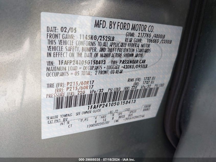 2005 Ford Five Hundred Sel VIN: 1FAFP24105G158413 Lot: 39885035