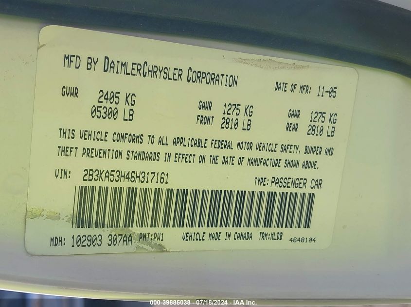 2006 Dodge Charger R/T VIN: 2B3KA53H46H317161 Lot: 39885038