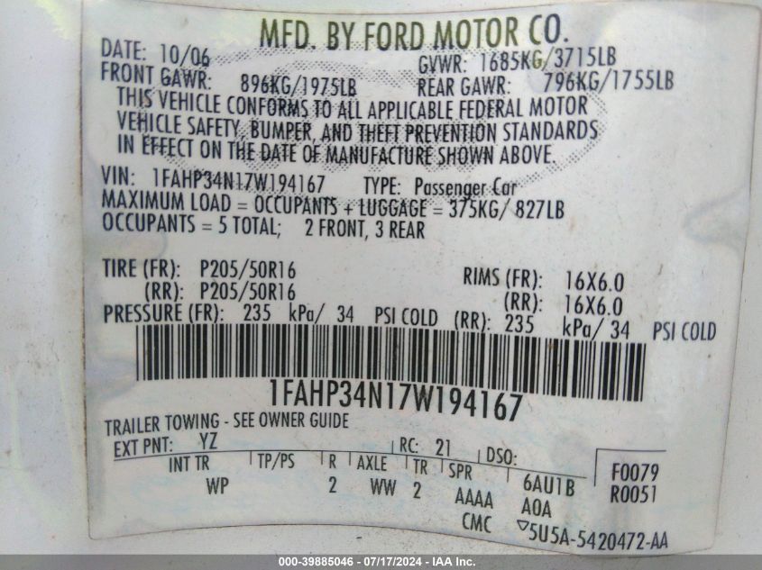 1FAHP34N17W194167 2007 Ford Focus S/Se/Ses