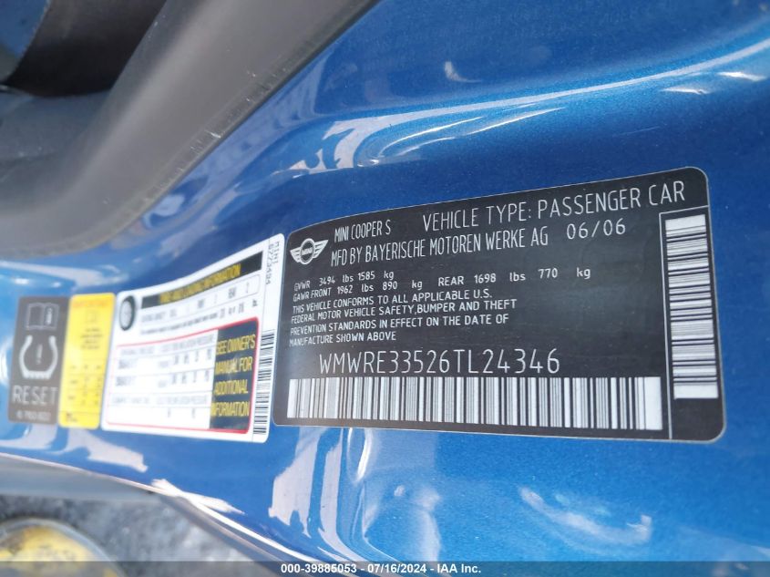 2006 Mini Cooper S VIN: WMWRE33526TL24346 Lot: 39885053