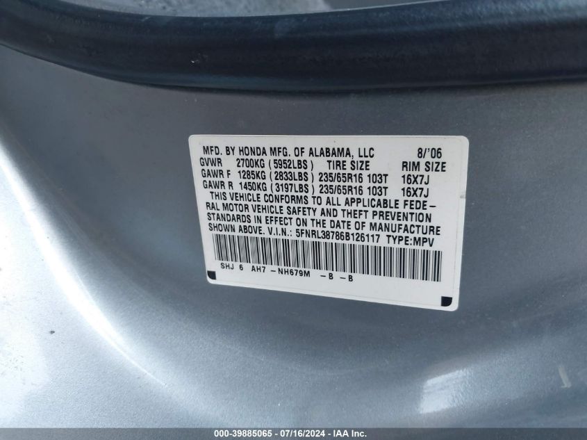 2006 Honda Odyssey Ex-L VIN: 5FNRL38786B126117 Lot: 39885065