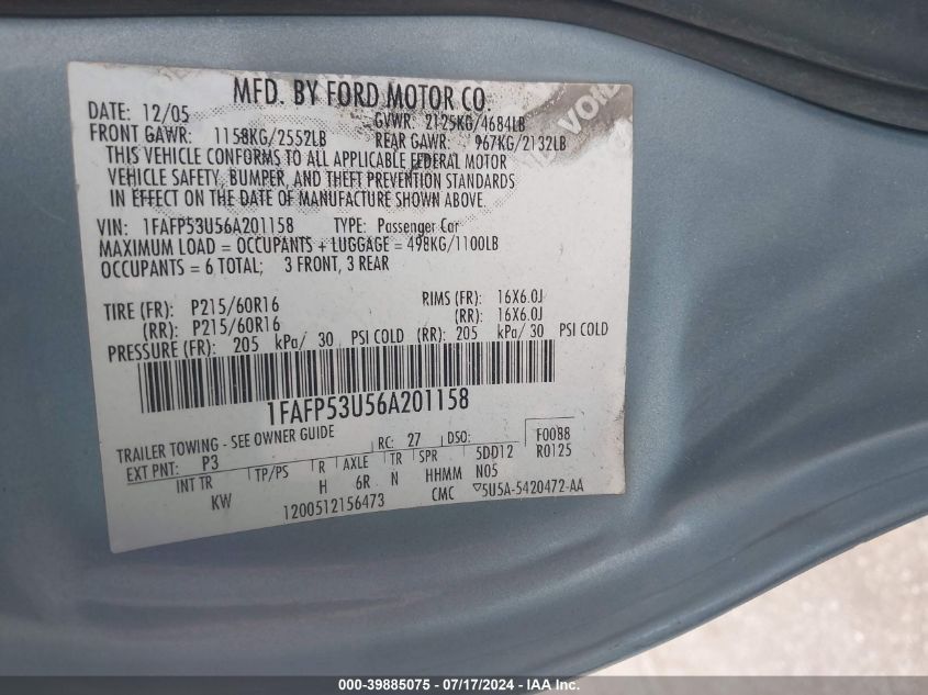 2006 Ford Taurus Se VIN: 1FAFP53U56A201158 Lot: 39885075