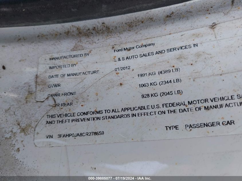 2012 Ford Fusion Sel VIN: 3FAHP0JA8CR278659 Lot: 39885077