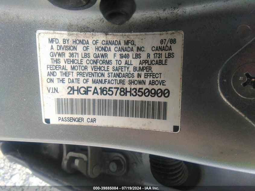 2008 Honda Civic Lx VIN: 2HGFA16578H350900 Lot: 39885084