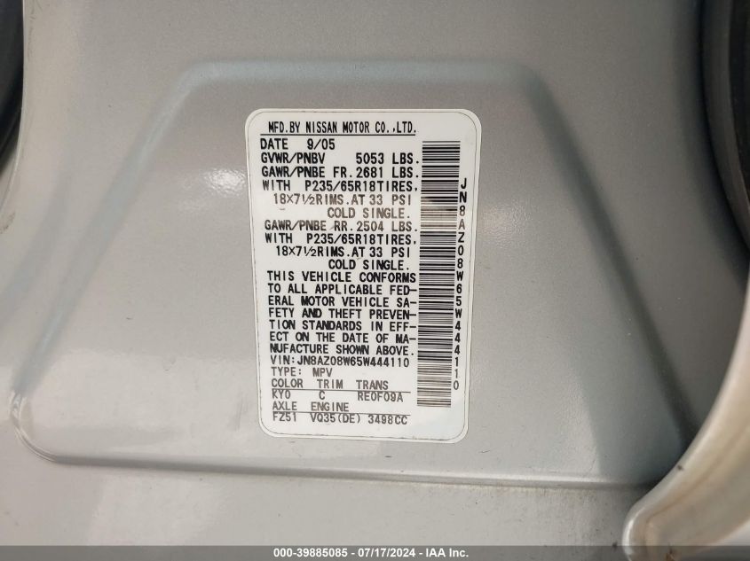 2005 Nissan Murano Sl VIN: JN8AZ08W65W444110 Lot: 39885085
