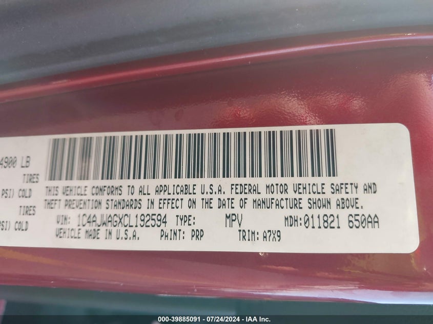 2012 Jeep Wrangler Sport VIN: 1C4AJWAGXCL192594 Lot: 39885091