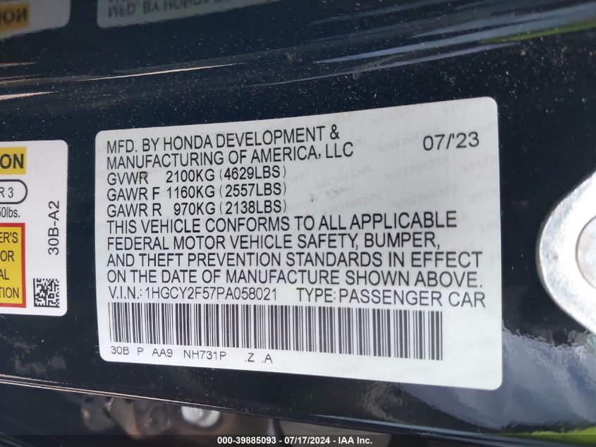 2023 Honda Accord Hybrid Sport VIN: 1HGCY2F57PA058021 Lot: 39885093