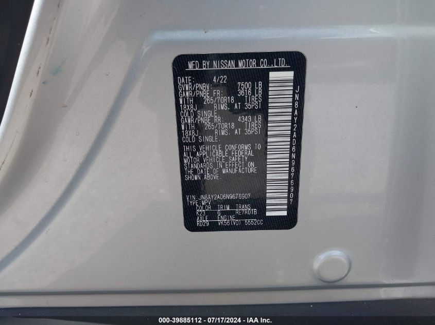 JN8AY2AD6N9676907 2022 Nissan Armada Sv 4Wd