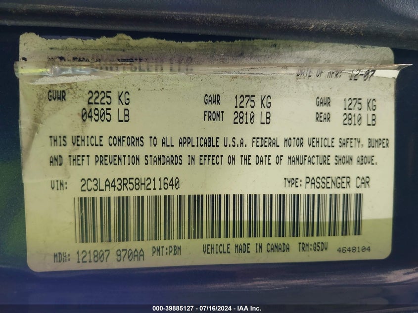2008 Chrysler 300 Lx VIN: 2C3LA43R58H211640 Lot: 39885127