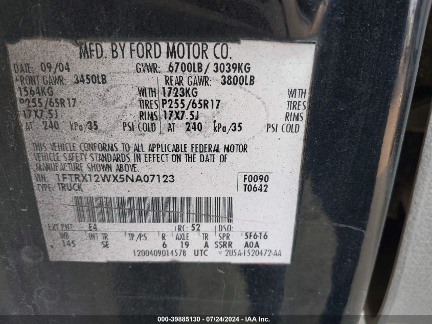 2005 Ford F-150 Stx/Xl/Xlt VIN: 1FTRX12WX5NA07123 Lot: 39885130