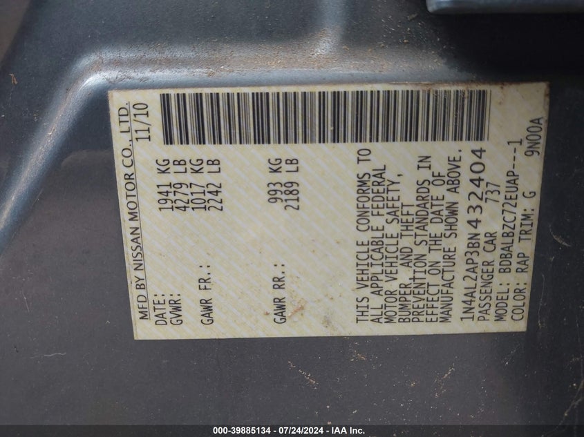 2011 Nissan Altima 2.5 S VIN: 1N4AL2AP3BN432404 Lot: 39885134