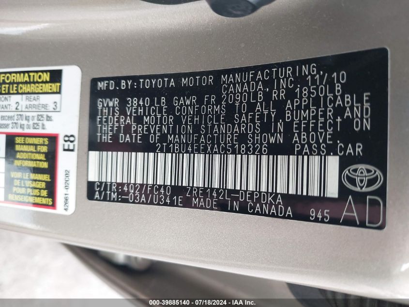 2010 Toyota Corolla S/Le/Xle VIN: 2T1BU4EEXAC518326 Lot: 39885140