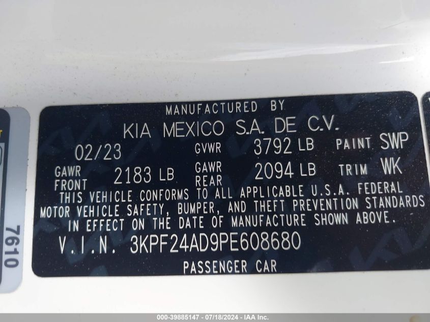 2023 Kia Forte Lx/Lxs VIN: 3KPF24AD9PE608680 Lot: 39885147