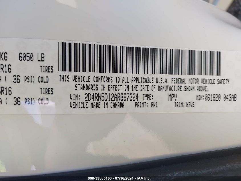 2010 Dodge Grand Caravan Sxt VIN: 2D4RN5D12AR367324 Lot: 39885153