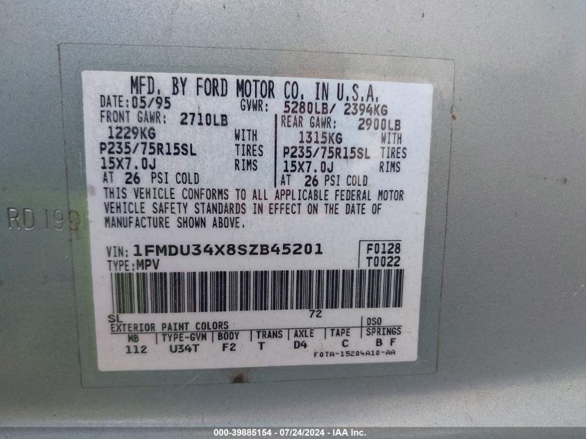 1995 Ford Explorer VIN: 1FMDU34X8SZB45201 Lot: 39885154