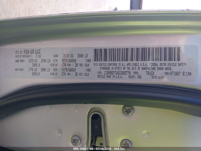 2016 Ram 1500 Sport VIN: 1C6RR6MT0GS389779 Lot: 39885158