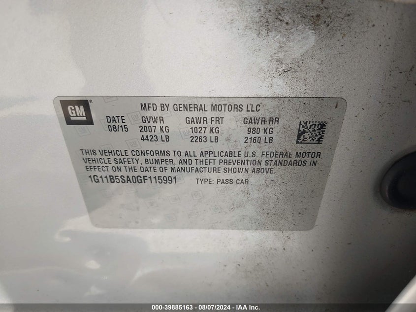 2016 Chevrolet Malibu Limited Ls VIN: 1G11B5SA0GF115991 Lot: 39885163