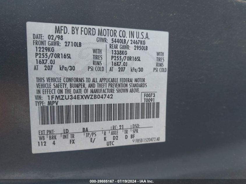 1998 Ford Explorer Eddie Bauer/Limited/Xl/Xlt VIN: 1FMZU34EXWZB04742 Lot: 39885167
