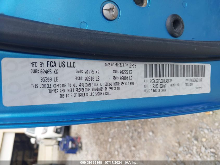 2016 Dodge Challenger R/T Scat Pack VIN: 2C3CDZFJ6GH148637 Lot: 39885168