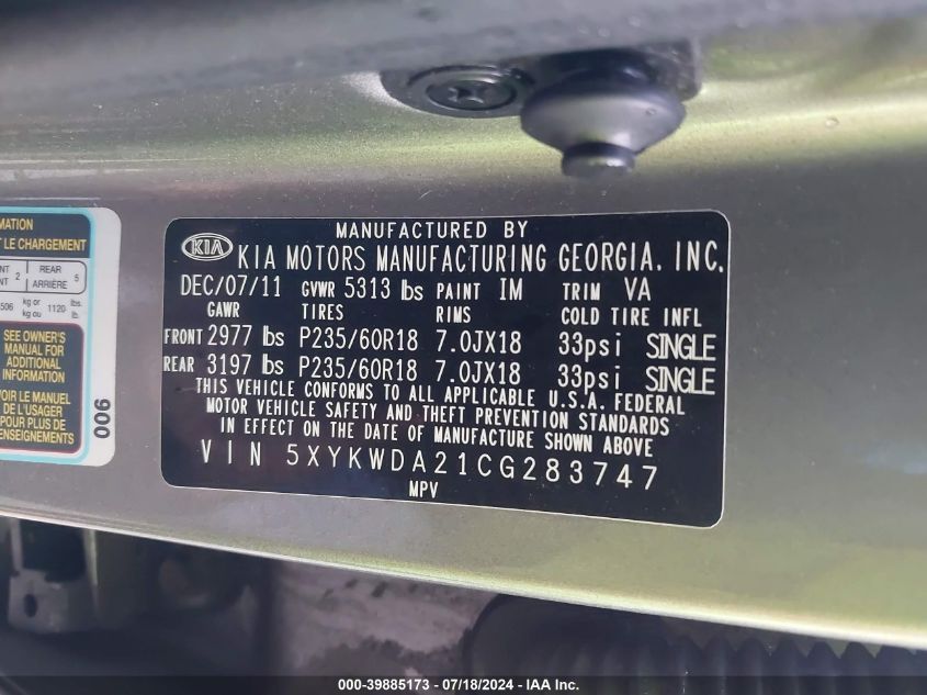 2012 Kia Sorento Sx VIN: 5XYKWDA21CG283747 Lot: 39885173