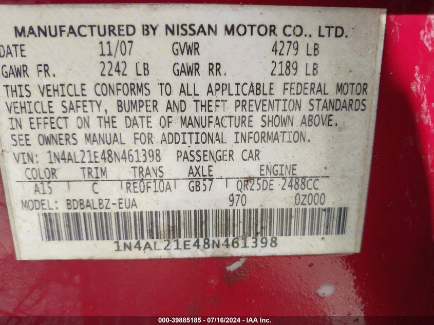 2008 Nissan Altima 2.5 S VIN: 1N4AL21E48N461398 Lot: 39885185