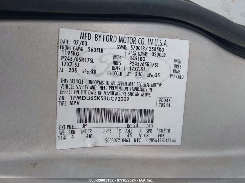 2003 Ford Explorer Limited VIN: 1FMDU65K53UC73009 Lot: 39885192