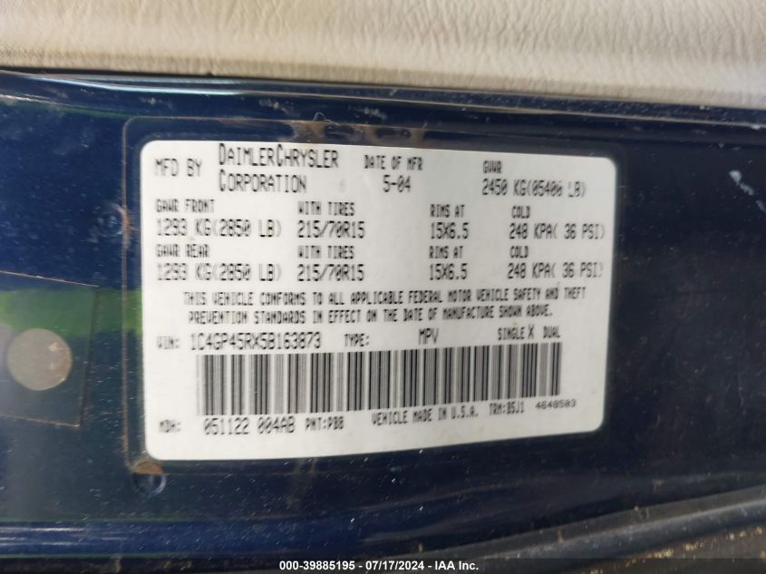 2005 Chrysler Town & Country VIN: 1C4GP45RX5B163873 Lot: 39885195