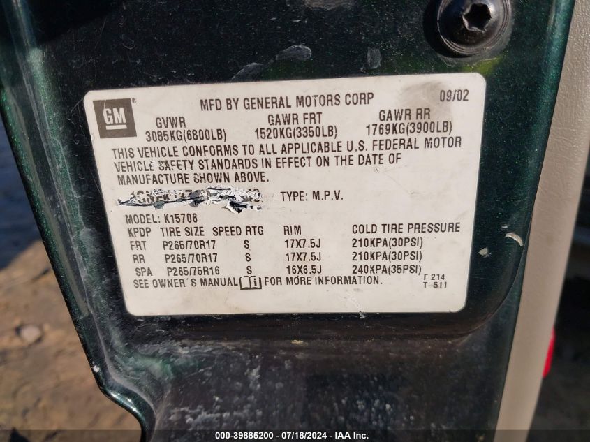 2003 Chevrolet Tahoe Z71 VIN: 1GNEK13Z43R141449 Lot: 39885200