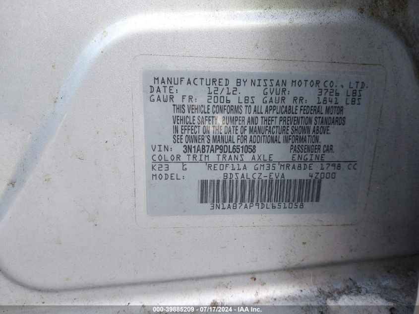 2013 Nissan Sentra S VIN: 3N1AB7AP9DL651058 Lot: 39885209