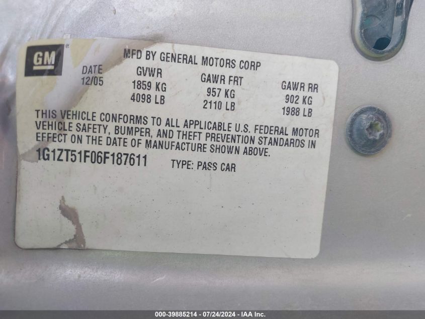 2006 Chevrolet Malibu Lt VIN: 1G1ZT51F06F187611 Lot: 39885214
