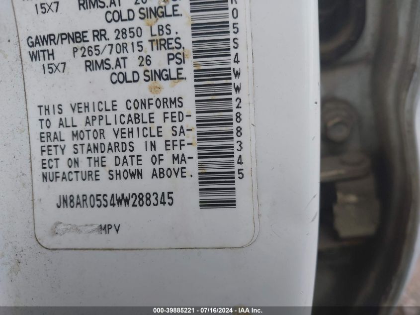 1998 Nissan Pathfinder Le/Xe VIN: JN8AR05S4WW288345 Lot: 39885221