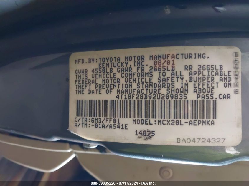 2002 Toyota Avalon Xl VIN: 4T1BF28B92U209835 Lot: 39885228