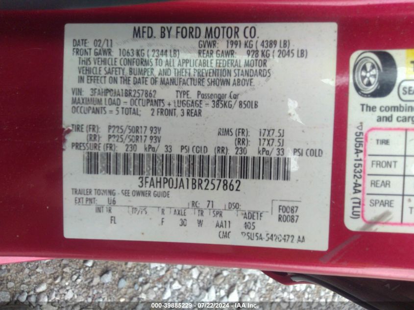2011 Ford Fusion Sel VIN: 3FAHP0JA1BR257862 Lot: 39885229