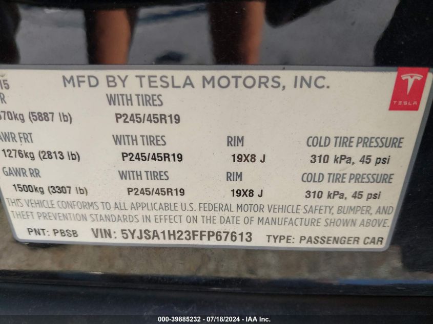 2015 Tesla Model S 85D VIN: 5YJSA1H23FFP67613 Lot: 39885232