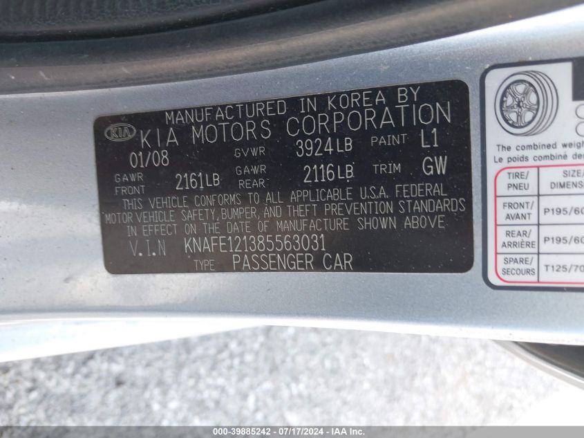 2008 Kia Spectra Ex VIN: KNAFE121385563031 Lot: 39885242