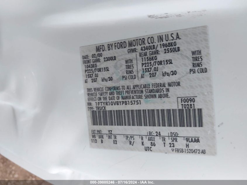 2000 Ford Ranger Xl/Xlt VIN: 1FTYR10V8YPB15751 Lot: 39885246