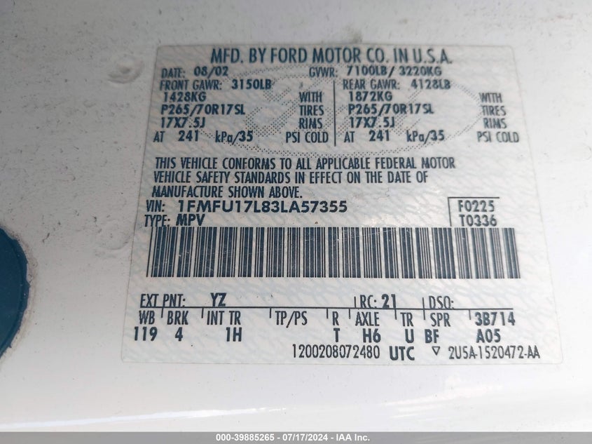 2003 Ford Expedition Eddie Bauer VIN: 1FMFU17L83LA57355 Lot: 39885265