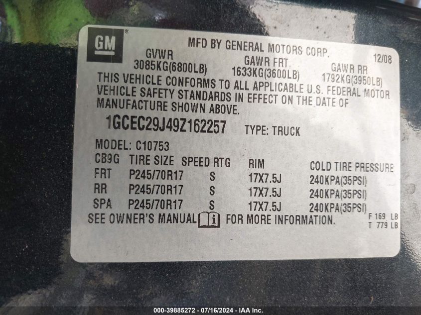 2009 Chevrolet Silverado 1500 Lt VIN: 1GCEC29J49Z162257 Lot: 39885272