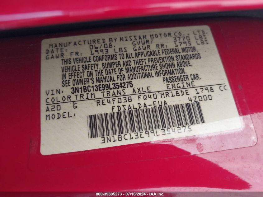 2009 Nissan Versa 1.8S VIN: 3N1BC13E99L354275 Lot: 39885273