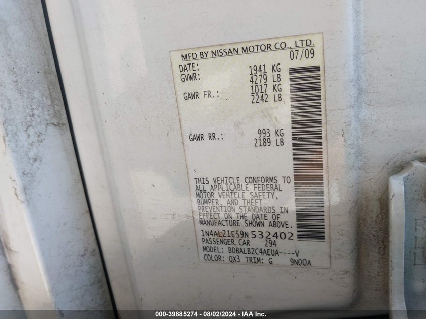 2009 Nissan Altima 2.5 S VIN: 1N4AL21E59N532402 Lot: 39885274