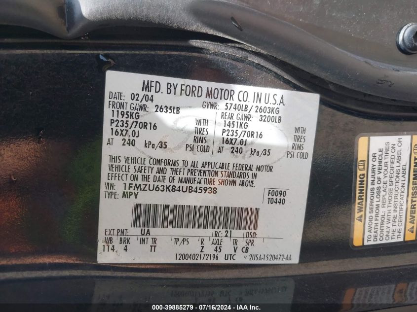 2004 Ford Explorer Xlt VIN: 1FMZU63K84UB45938 Lot: 39885279