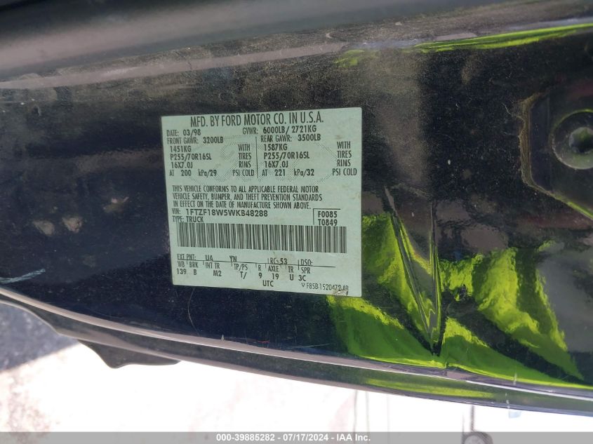 1998 Ford F-150 Lariat/Standard/Xl/Xlt VIN: 1FTZF18W5WKB48288 Lot: 39885282