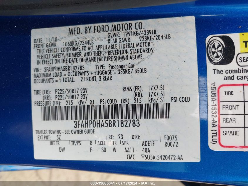 2011 Ford Fusion Se VIN: 3FAHP0HA5BR182783 Lot: 39885341