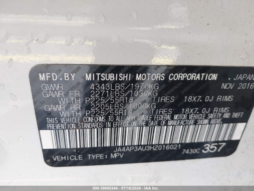 2017 Mitsubishi Outlander Sport 2.0 Es VIN: JA4AP3AU3HZ016021 Lot: 39885344